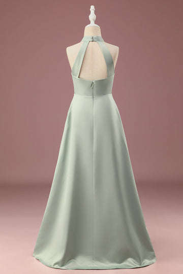 Matcha A-line Halter Sleeveless Long Satin Junior Bridesmaid Dress